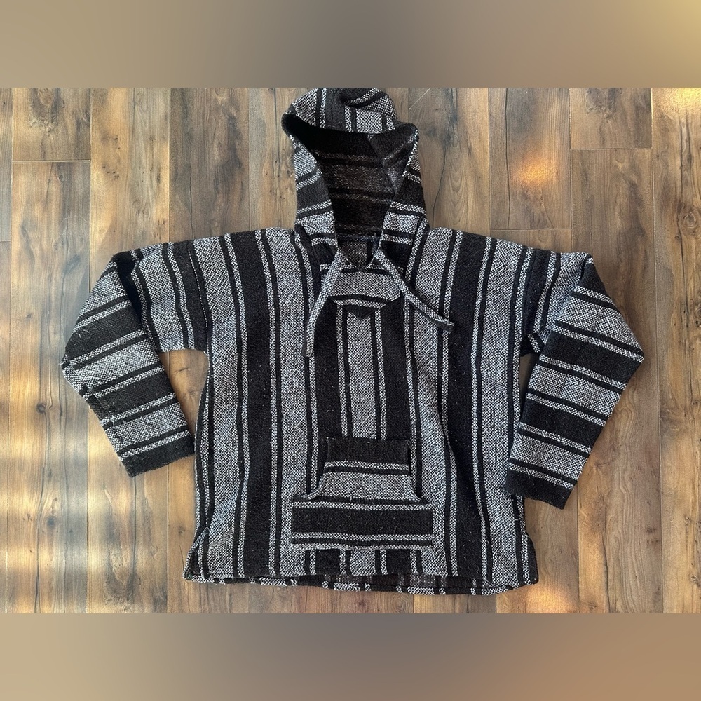 Brown and Cream Baja Hoodie Mexican Poncho Drug Rug Festival Sweater
